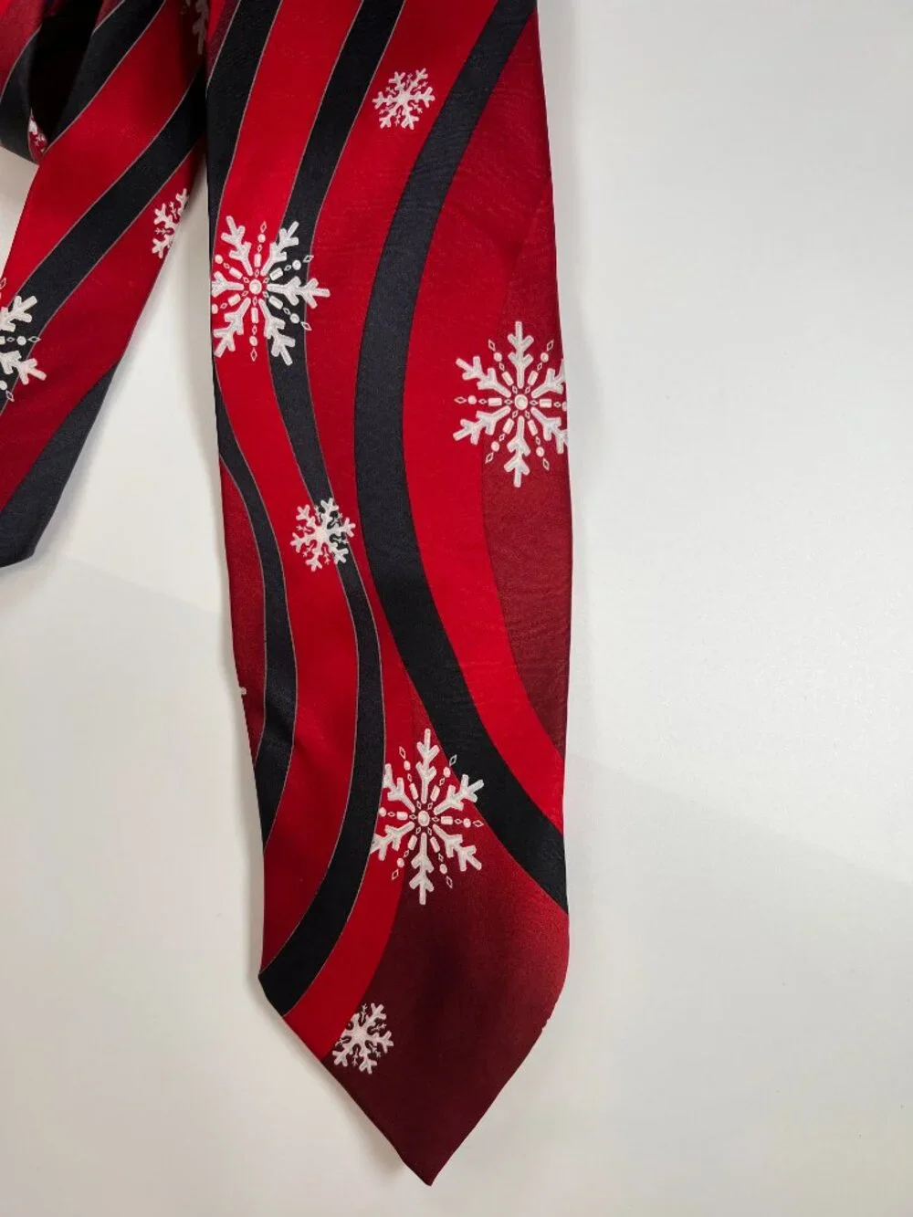 Holidays Red Christmas Tie with White Snowflakes & Black Ribbon  100% Silk
